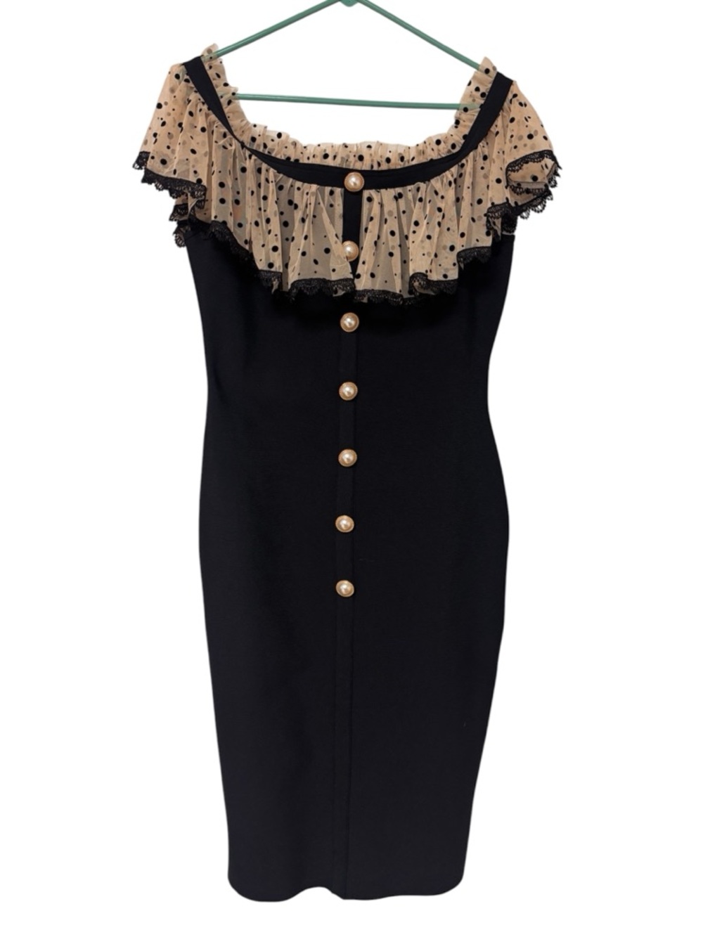 Good Time USA Black Off-Shoulder Polka Dot Ruffle Midi Dress L Retro Chic